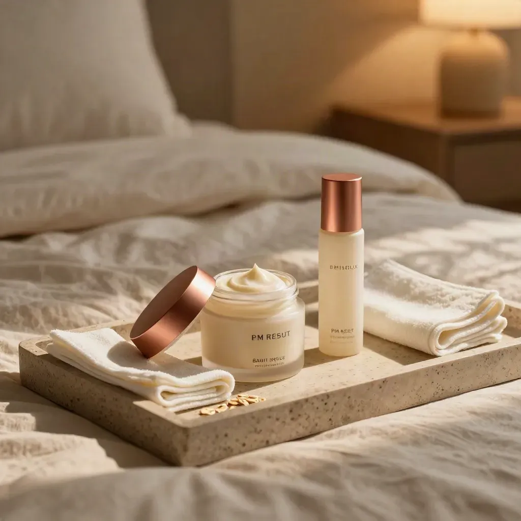 Open moisturizer jar, acne spot treatment, and folded washcloth on a bedside tray in warm lamplight.