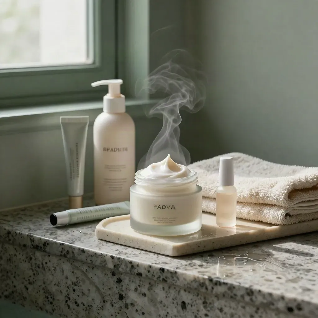 Steam-lit beauty still life with cream jar, SPF, tint, brow gel and towel on stone.