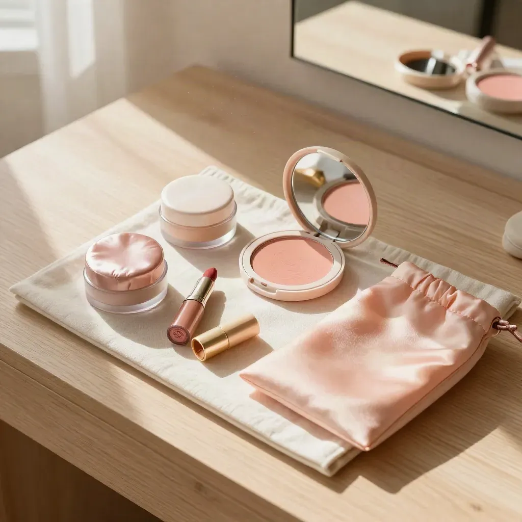 Top-down beauty tray with blush pots, nude lip color, compact and peach silk pouch in warm daylight
