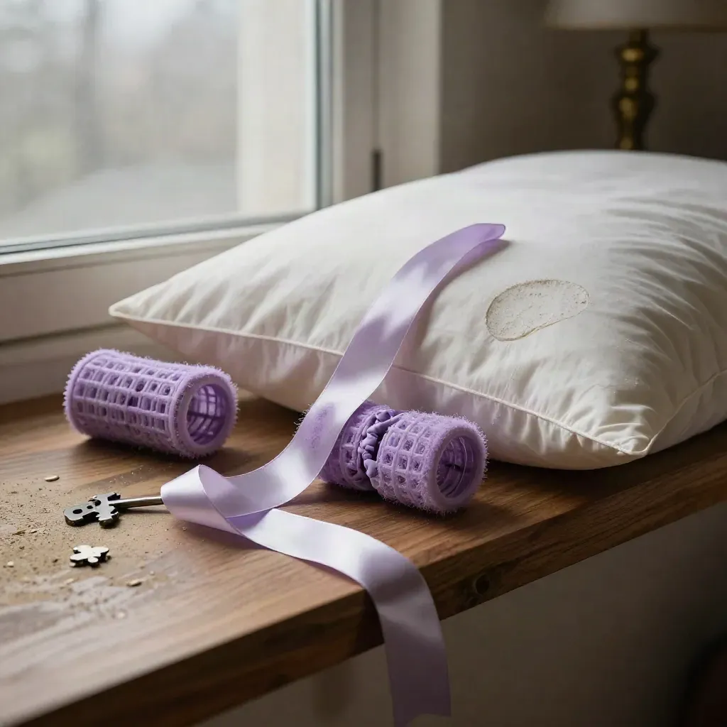 Heatless-wave tools and a pillowcase in a misty pre-dawn hotel room.