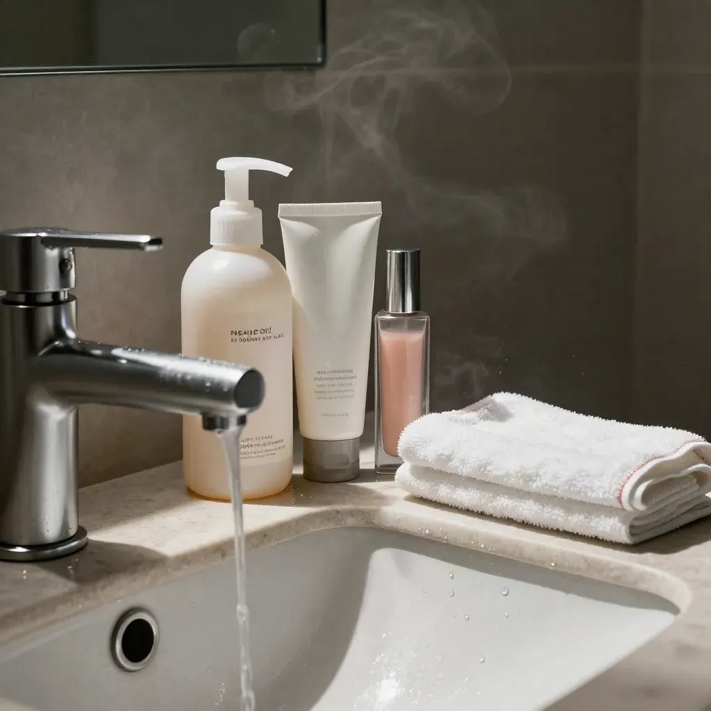Bathroom counter with skincare and makeup routine items, water beads, steam, and a blurred faucet.