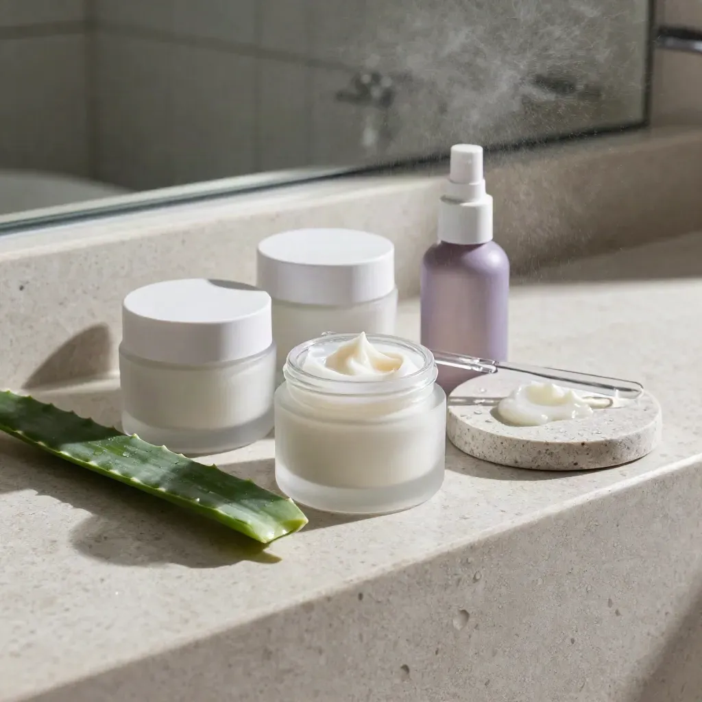 Gel-cream jars with spatula, stone coaster, aloe stem, and mist on a bathroom ledge.