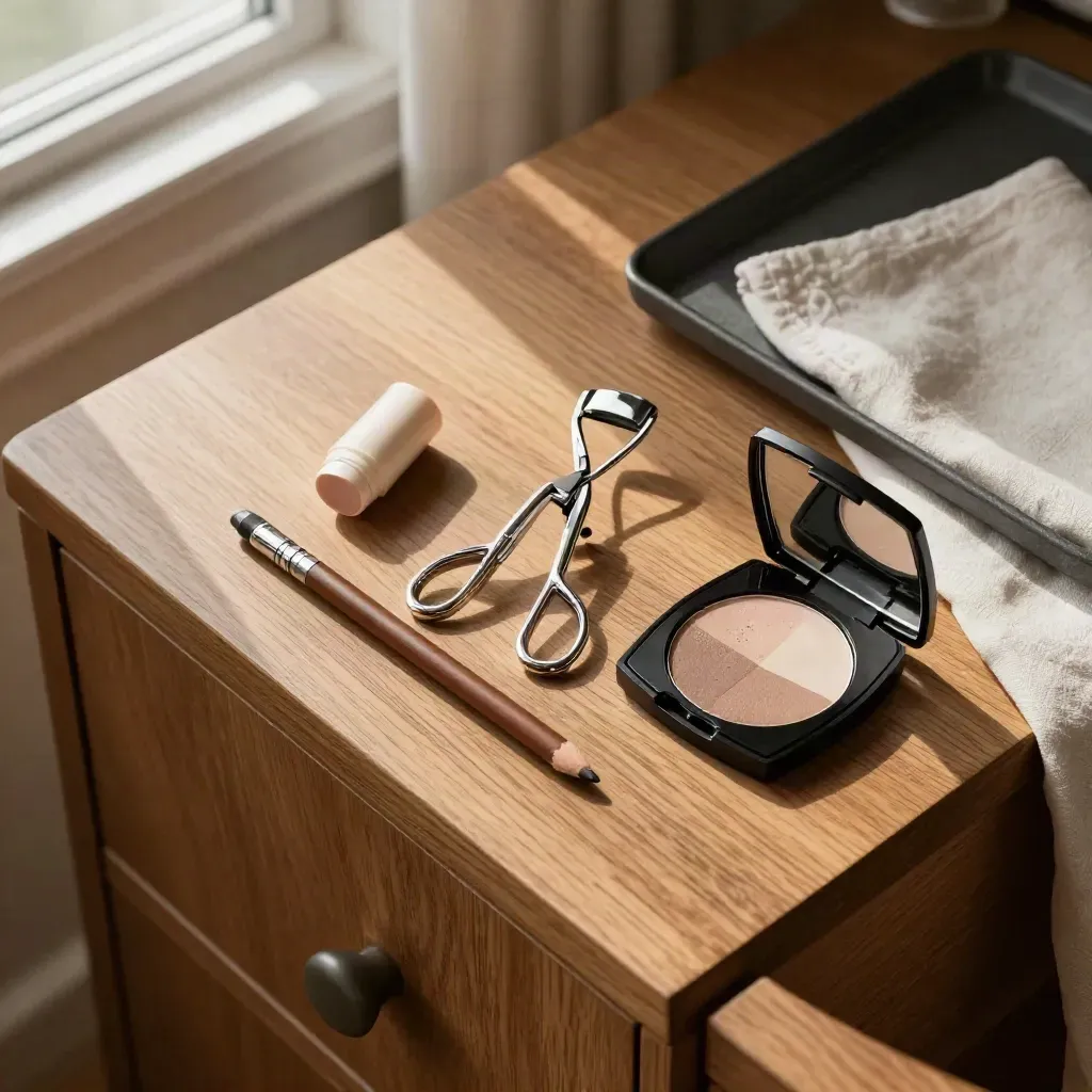 Overhead flatlay of weekday glam makeup tools on a warm wood dresser in soft morning light.