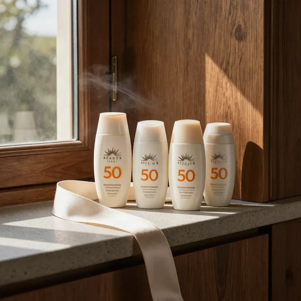 SPF face sunscreens, a mineral stick and sun hat ribbon on a stone shelf in warm midday light.