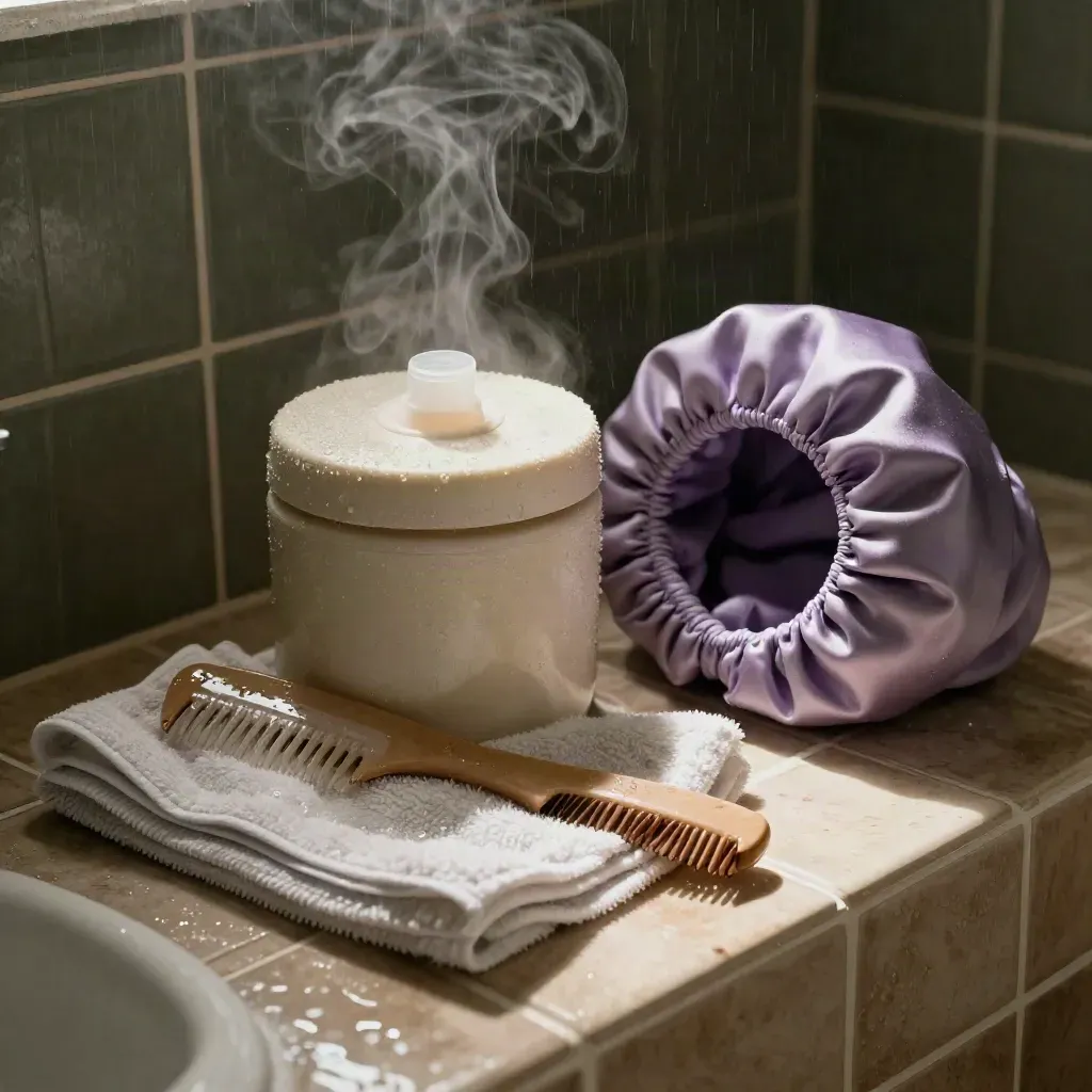 Moody laundry bench with curl-care tools, steam, and a lavender satin bonnet in rainlight