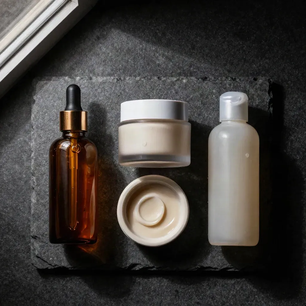Top-down retinol serum, cleanser, cream, and ceramic dish on dark stone at night.