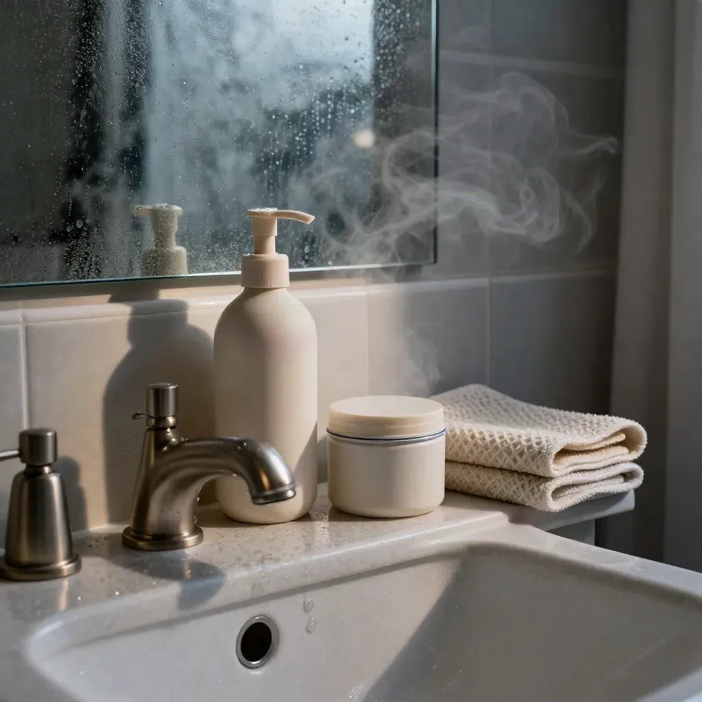Winter repair bathroom shelf with cleanser, moisturizer, balm tin, and steam-fogged mirror