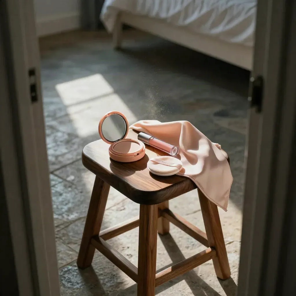 Peach blush makeup tray on a walnut stool with cream blush, lip tint and fabric swatch in moody light