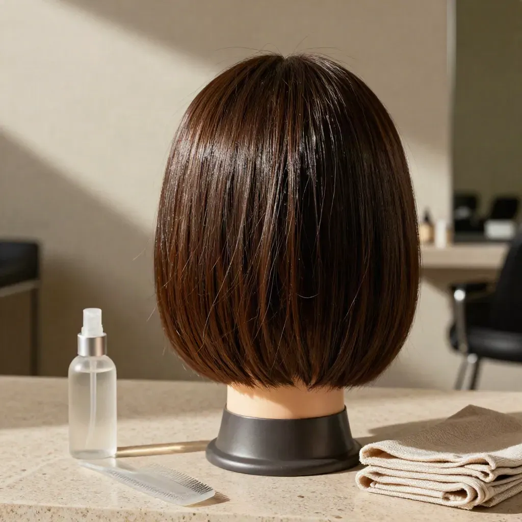 Glossy chin-length bob wig on a stand with serum, comb, and cloth in soft salon light.