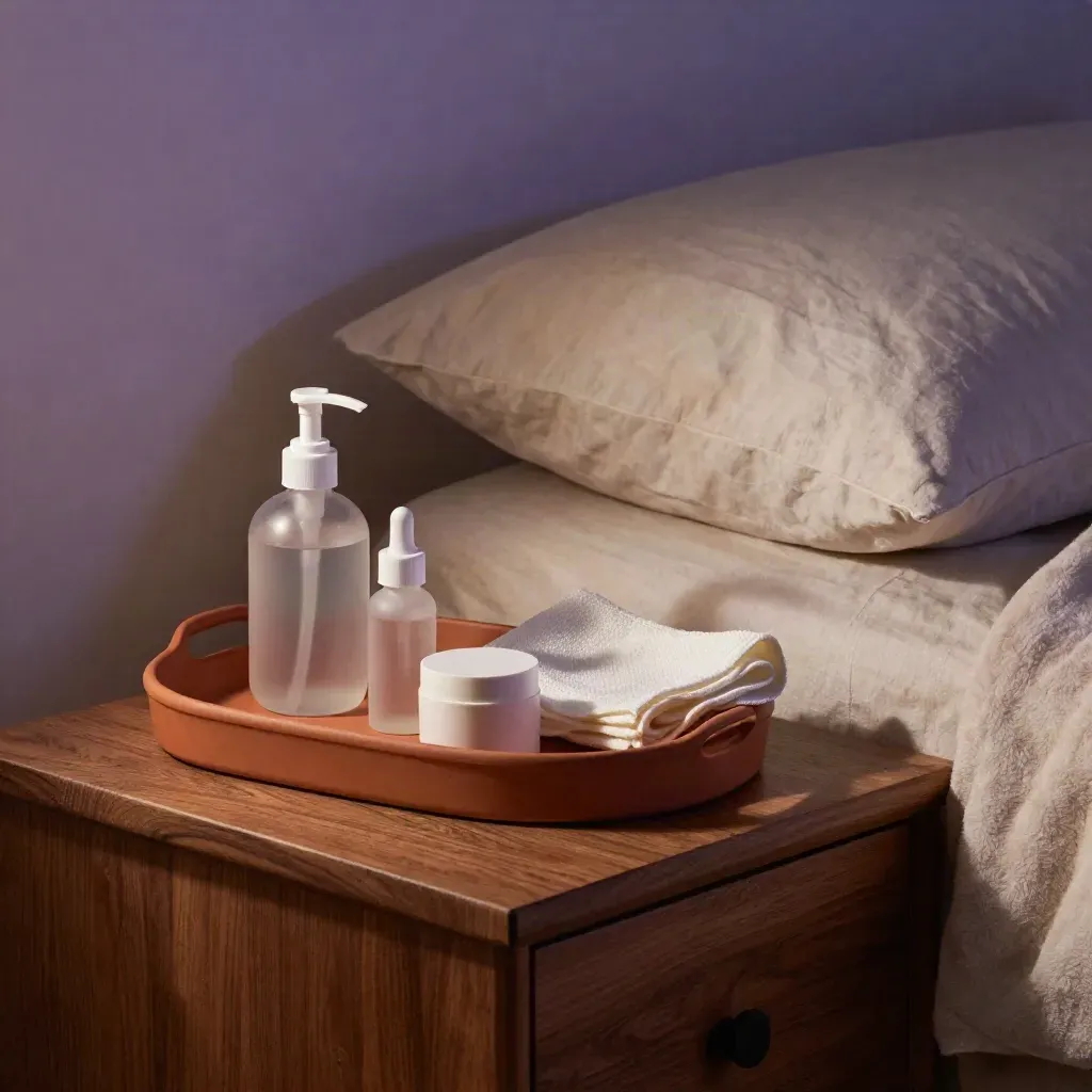Bedside tray with cleanser, serum, cream, and washcloth beside a pillow in a dim lavender-hued room
