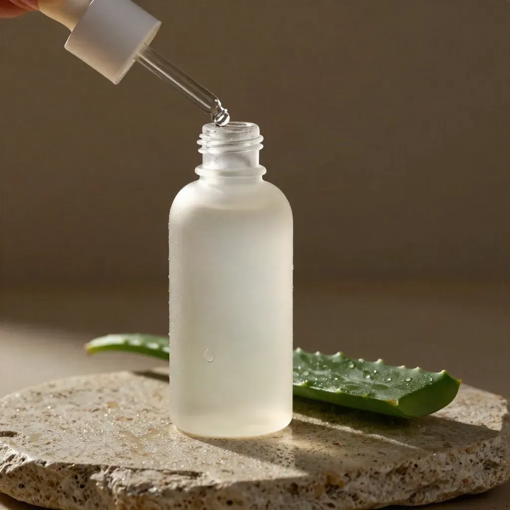 Serum bottle, dropper, gel cream, and aloe leaf glowing on frosted stone in cool dawn light.