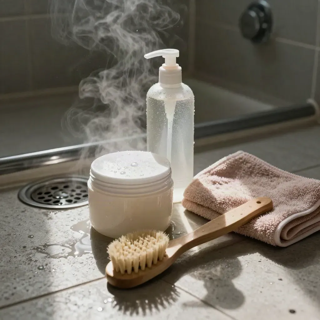 Scalp scrub and shampoo on wet bathroom tile with steam and a blush towel edge