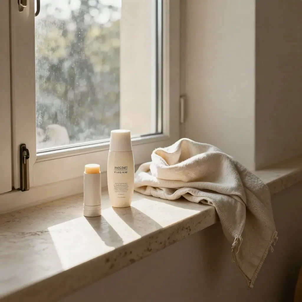 Sunscreen stick, SPF bottle, linen scarf and stone ledge in bright morning window light.