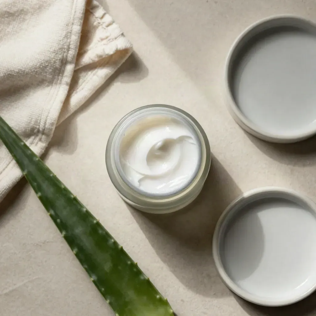 Open ceramide cream jar with aloe leaf, cloth, and dish on ivory plaster.