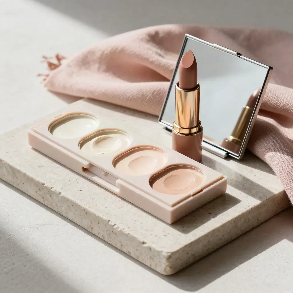 Stone tray with cream shade wells, nude lipstick, mirror edge, and folded cloth in soft light.