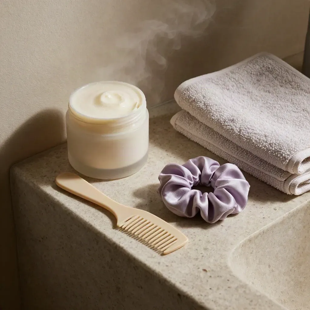 Curl cream jar, comb, lavender scrunchie and towel on a stone shelf in soft steam.